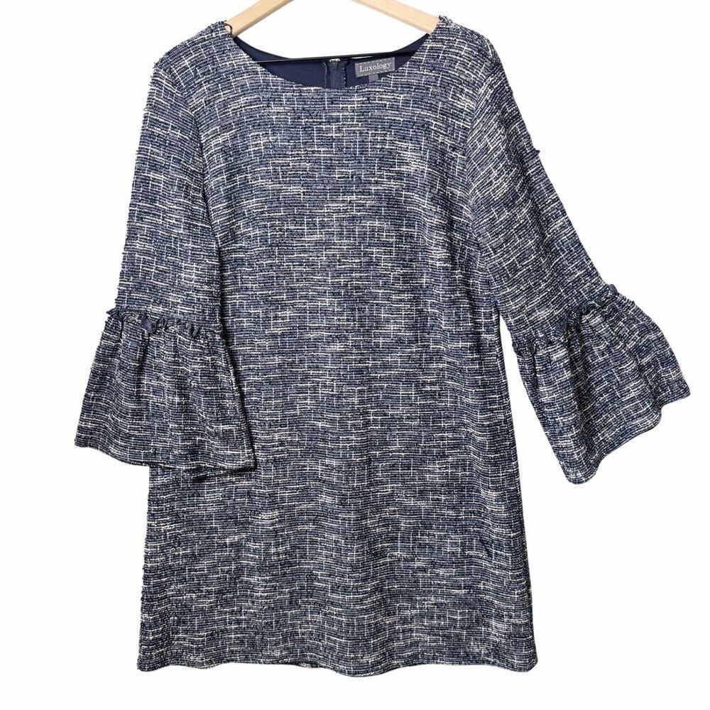 Luxology Shift Dress Navy Blue White Bell Sleeve Round Neck Career Womens L